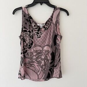 St. John Silk Tank Size M Pink Black Rose Print Y2K Romantic Sheer Retro
